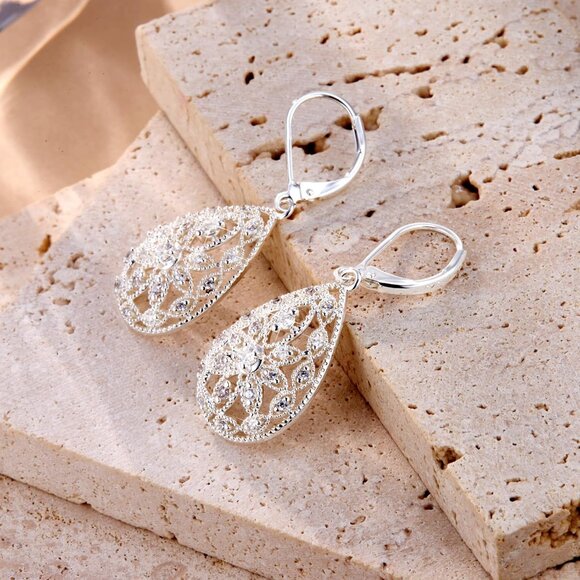 Women's 925 Sterling Silver Teardrop Dangle Earrings Cubic Zirconia Leverback - Picture 7 of 8